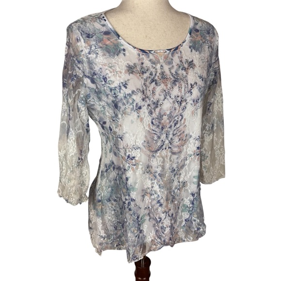 Tops - Sheer Lace Floral Damask Top Rhinestone Detail Boho Fairy Grunge Y2K Style